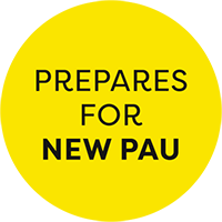 Círculo amarillo con Frase Prepares for NEW PAU